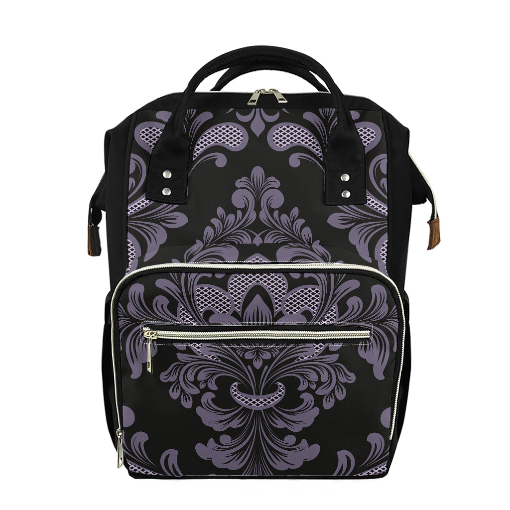 Black And Purple Damask Pattern Print Diaper Bag