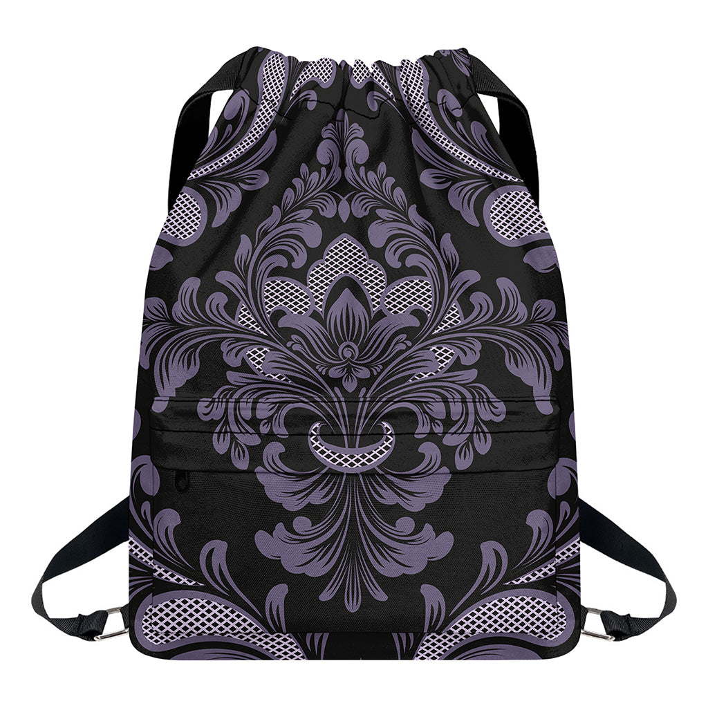 Black And Purple Damask Pattern Print Drawstring Backpack