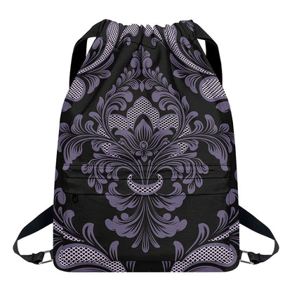 Black And Purple Damask Pattern Print Drawstring Backpack