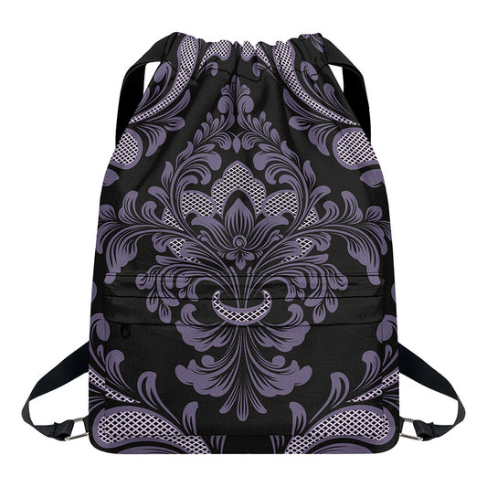 Black And Purple Damask Pattern Print Drawstring Backpack
