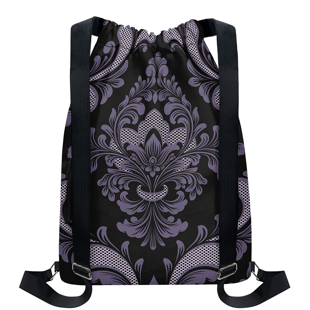 Black And Purple Damask Pattern Print Drawstring Backpack