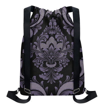 Black And Purple Damask Pattern Print Drawstring Backpack