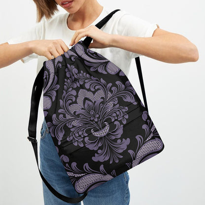 Black And Purple Damask Pattern Print Drawstring Backpack
