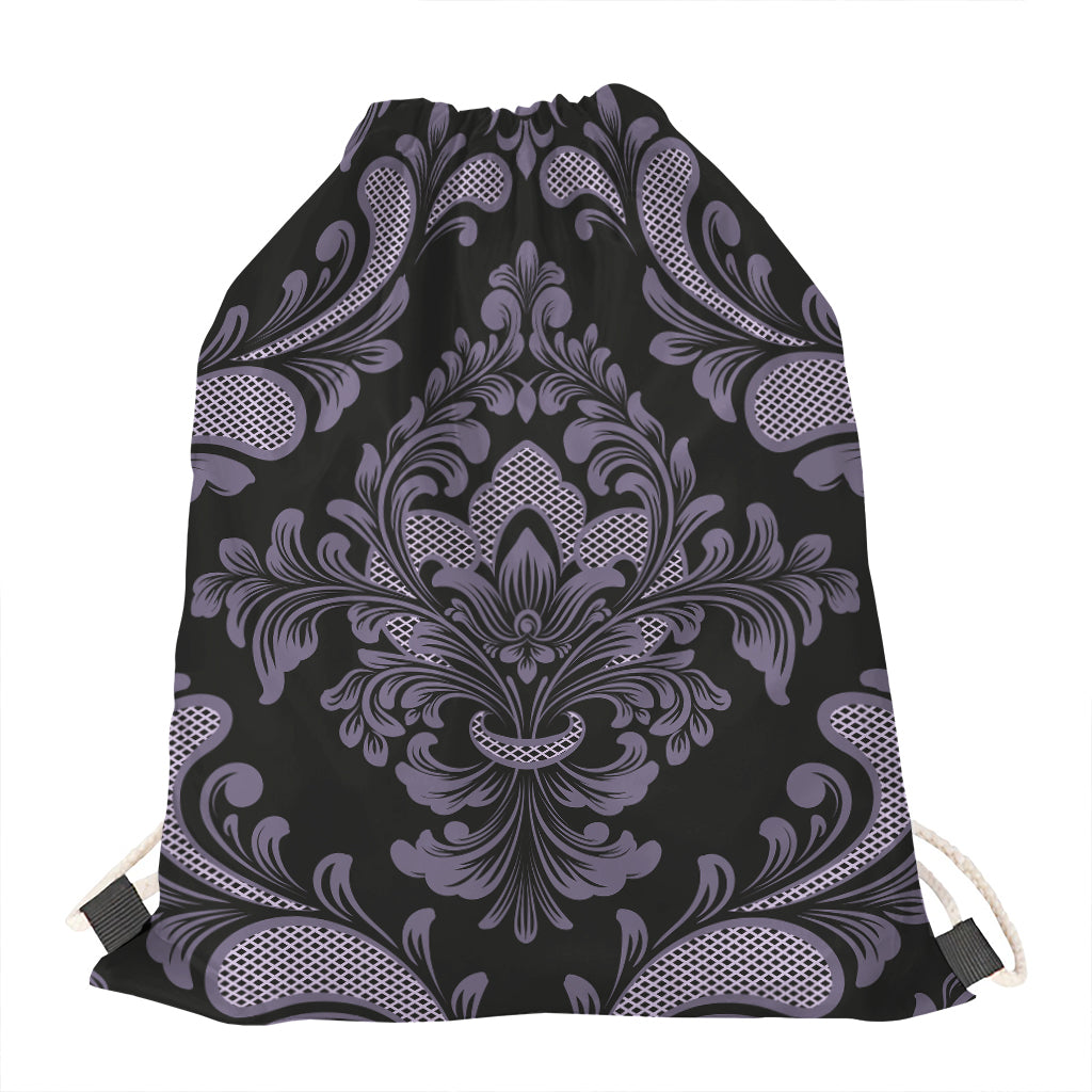 Black And Purple Damask Pattern Print Drawstring Bag
