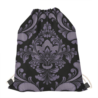 Black And Purple Damask Pattern Print Drawstring Bag