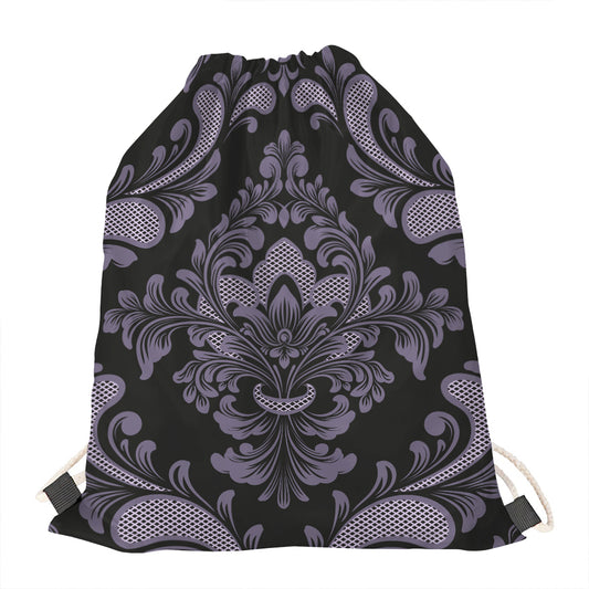 Black And Purple Damask Pattern Print Drawstring Bag