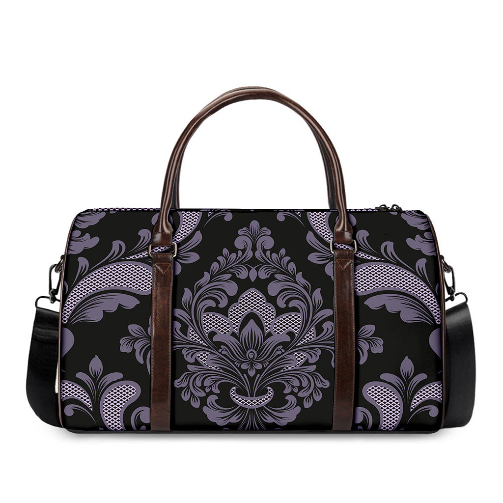 Black And Purple Damask Pattern Print Duffle Bag