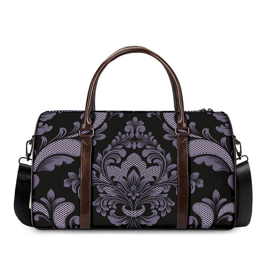 Black And Purple Damask Pattern Print Duffle Bag