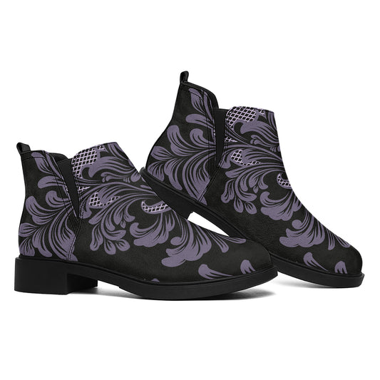 Black And Purple Damask Pattern Print Flat Ankle Boots