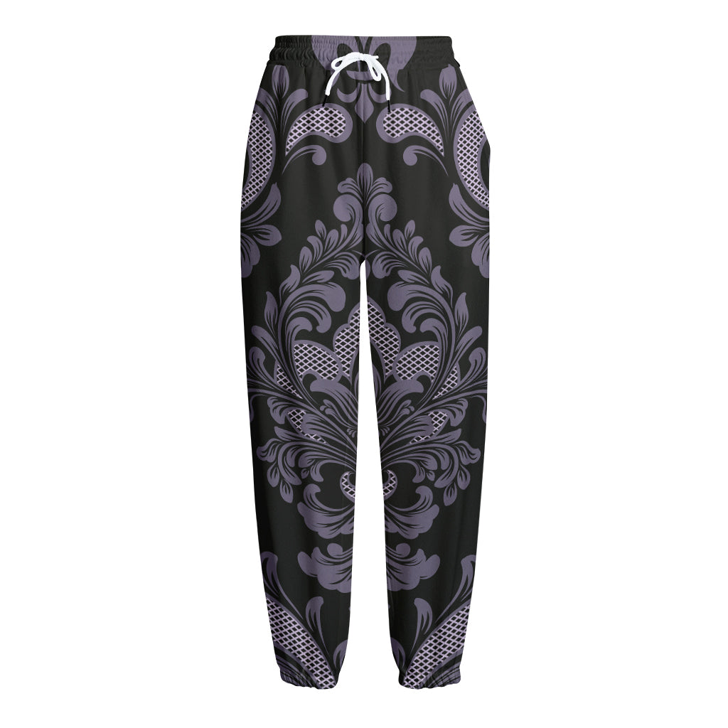 Black And Purple Damask Pattern Print Fleece Lined Knit Pants