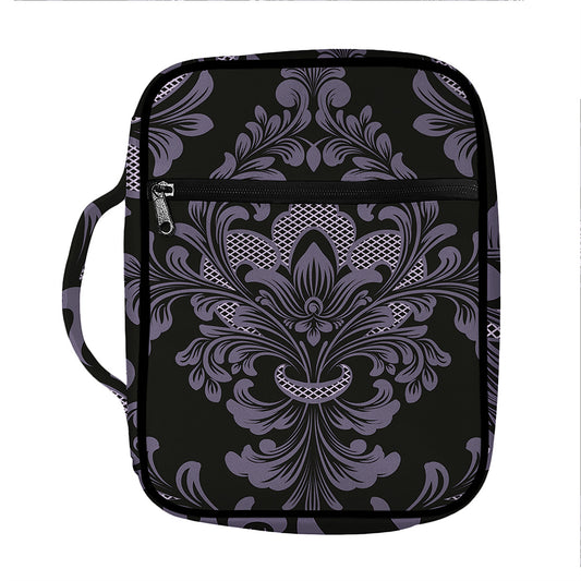Black And Purple Damask Pattern Print Front Pocket Bible Bag
