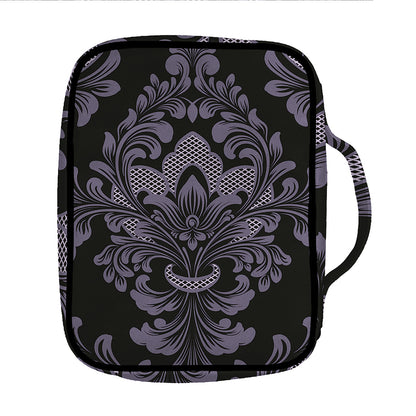 Black And Purple Damask Pattern Print Front Pocket Bible Bag