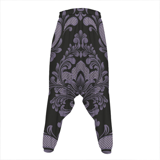 Black And Purple Damask Pattern Print Hammer Pants