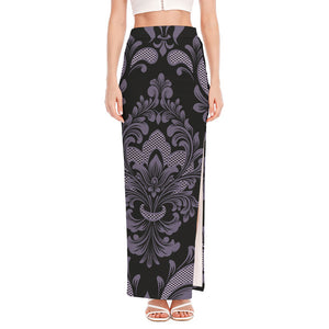 Black And Purple Damask Pattern Print High Slit Maxi Skirt