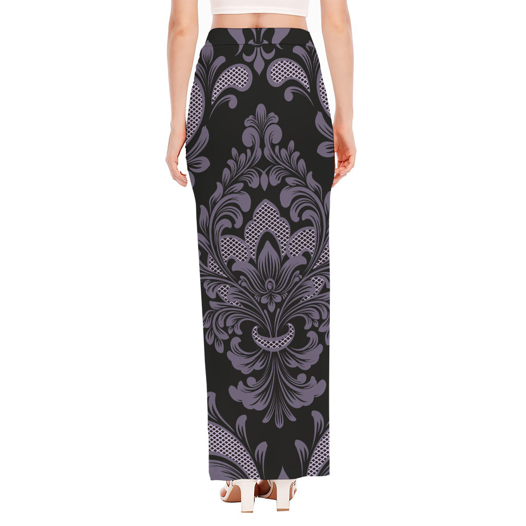 Black And Purple Damask Pattern Print High Slit Maxi Skirt