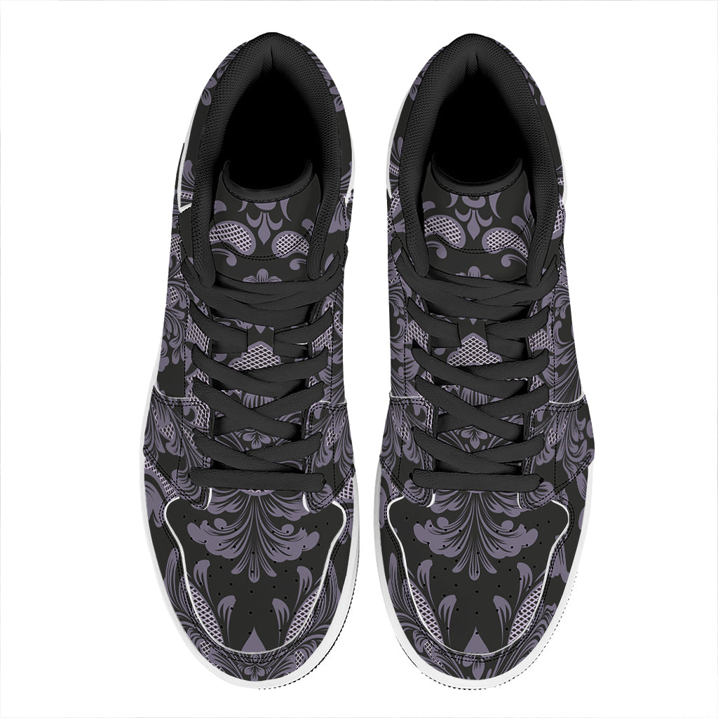 Black And Purple Damask Pattern Print High Top Leather Sneakers