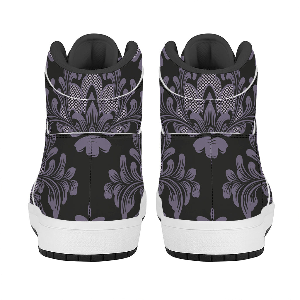 Black And Purple Damask Pattern Print High Top Leather Sneakers