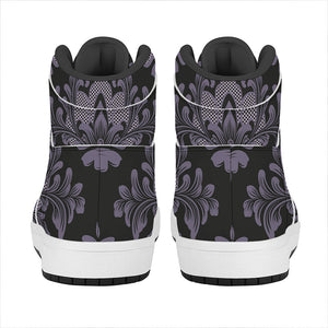 Black And Purple Damask Pattern Print High Top Leather Sneakers