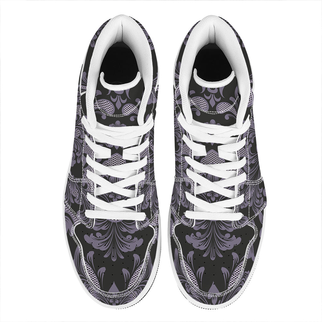 Black And Purple Damask Pattern Print High Top Leather Sneakers