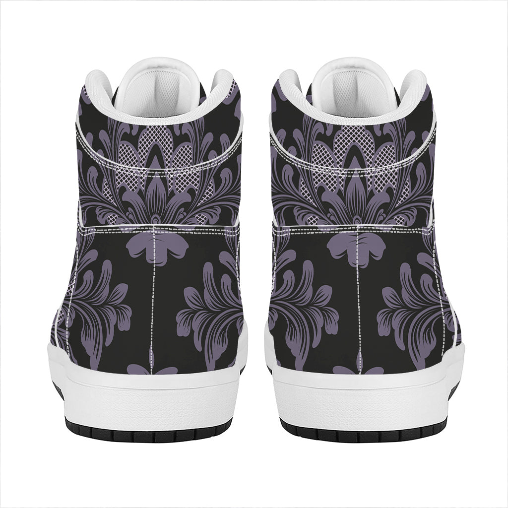 Black And Purple Damask Pattern Print High Top Leather Sneakers