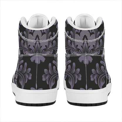 Black And Purple Damask Pattern Print High Top Leather Sneakers