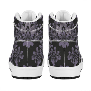 Black And Purple Damask Pattern Print High Top Leather Sneakers