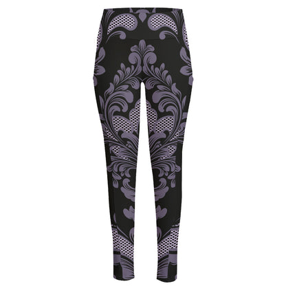 Black And Purple Damask Pattern Print High-Waisted Pocket Leggings
