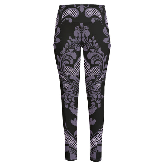 Black And Purple Damask Pattern Print High-Waisted Pocket Leggings