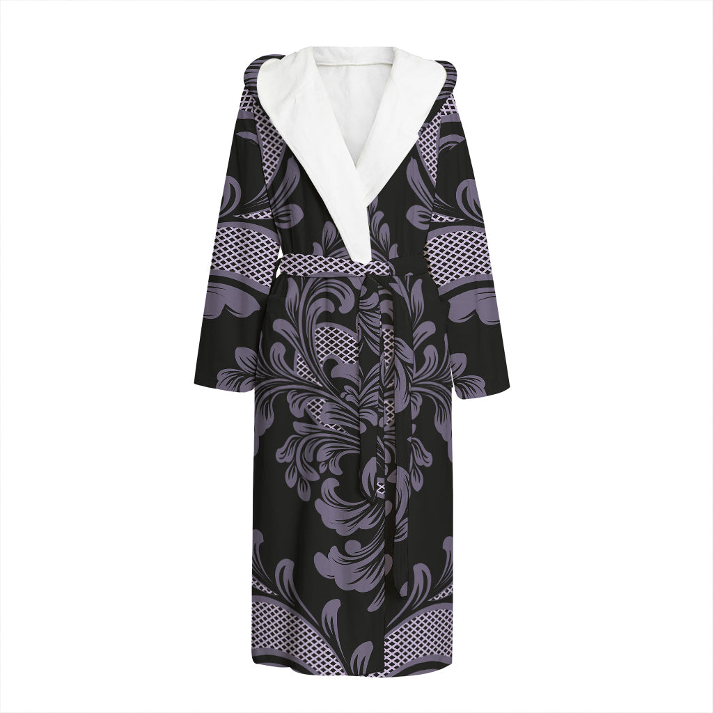 Black And Purple Damask Pattern Print Hooded Bathrobe