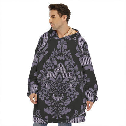 Black And Purple Damask Pattern Print Hoodie Blanket