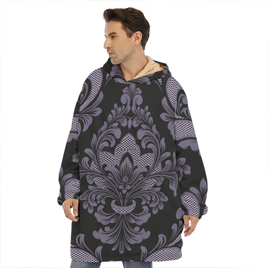 Black And Purple Damask Pattern Print Hoodie Blanket
