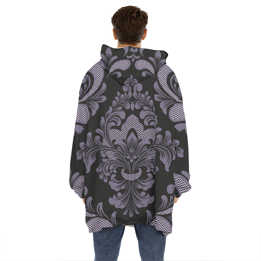 Black And Purple Damask Pattern Print Hoodie Blanket