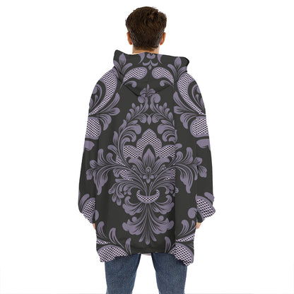 Black And Purple Damask Pattern Print Hoodie Blanket