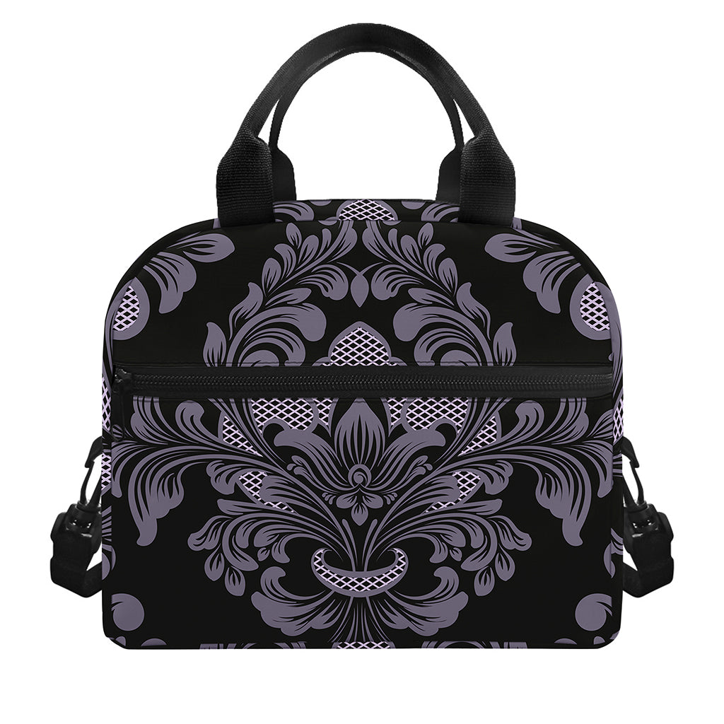 Black And Purple Damask Pattern Print Insulated Lunch Bag