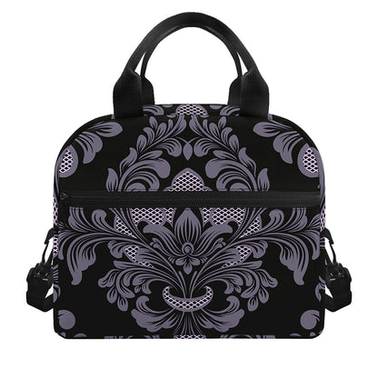 Black And Purple Damask Pattern Print Insulated Lunch Bag