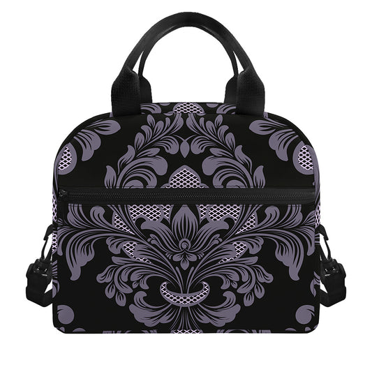 Black And Purple Damask Pattern Print Insulated Lunch Bag