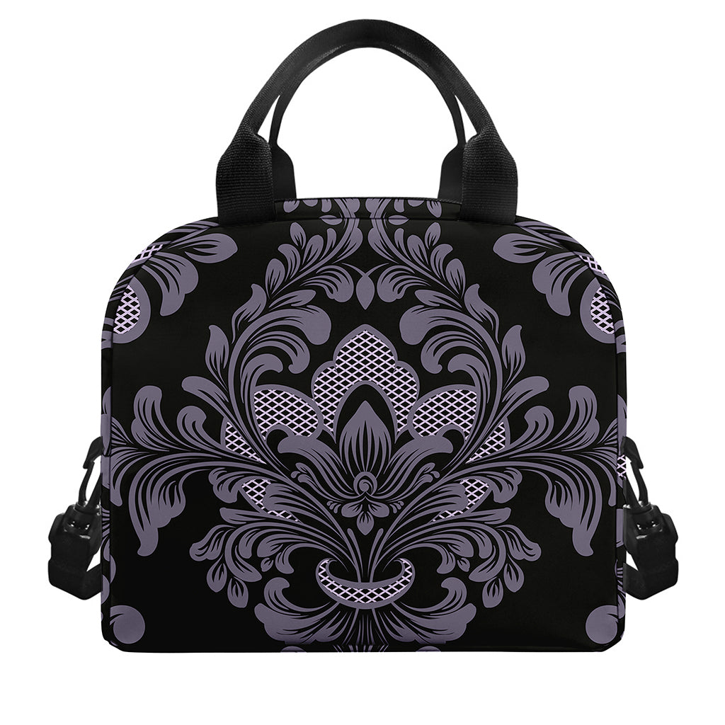 Black And Purple Damask Pattern Print Insulated Lunch Bag