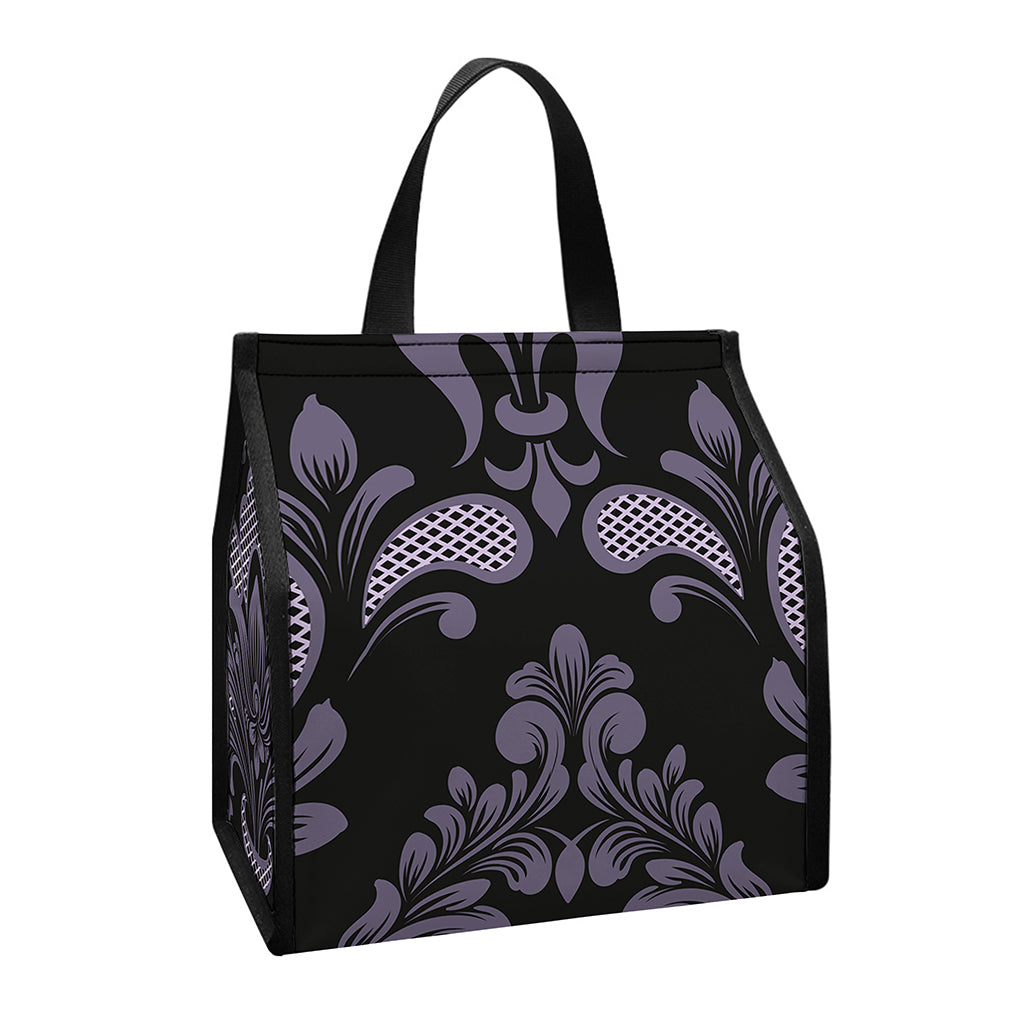 Black And Purple Damask Pattern Print Insulated Lunch Tote