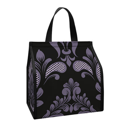 Black And Purple Damask Pattern Print Insulated Lunch Tote