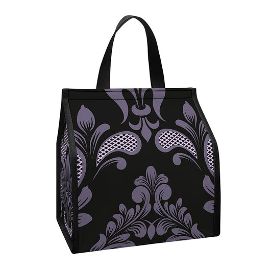 Black And Purple Damask Pattern Print Insulated Lunch Tote
