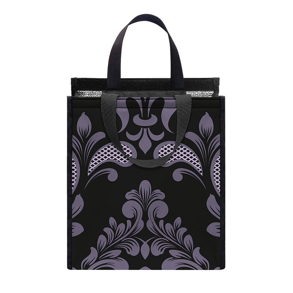 Black And Purple Damask Pattern Print Insulated Lunch Tote