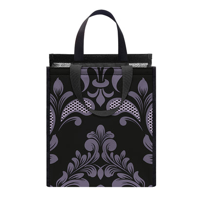 Black And Purple Damask Pattern Print Insulated Lunch Tote