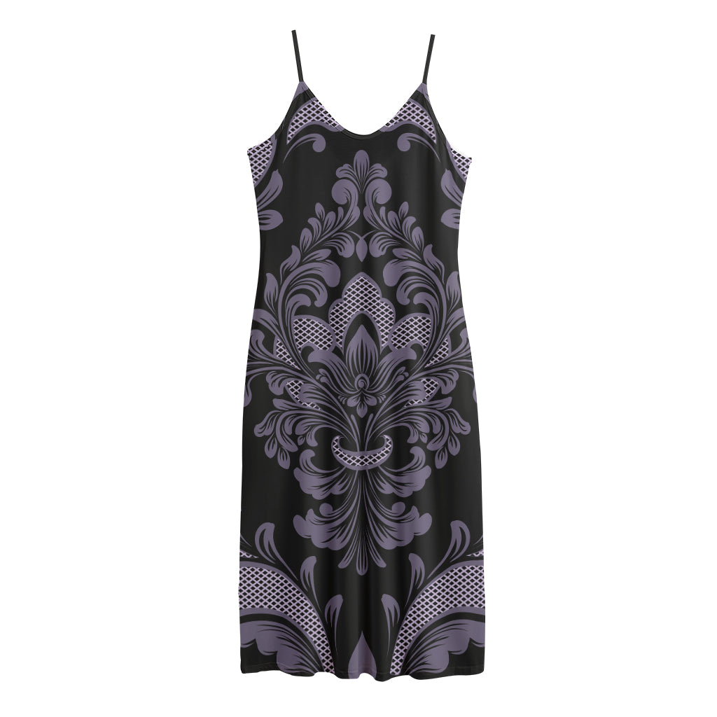 Black And Purple Damask Pattern Print Jersey Midi Cami Dress