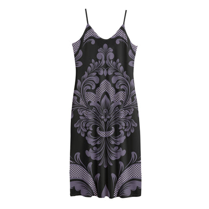 Black And Purple Damask Pattern Print Jersey Midi Cami Dress