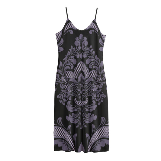 Black And Purple Damask Pattern Print Jersey Midi Cami Dress