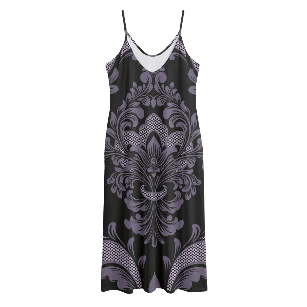 Black And Purple Damask Pattern Print Jersey Midi Cami Dress
