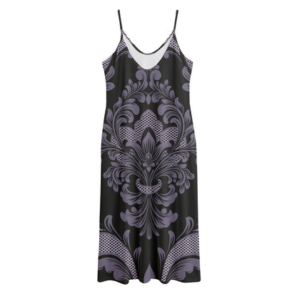 Black And Purple Damask Pattern Print Jersey Midi Cami Dress