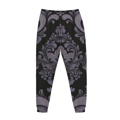 Black And Purple Damask Pattern Print Jogger Pants