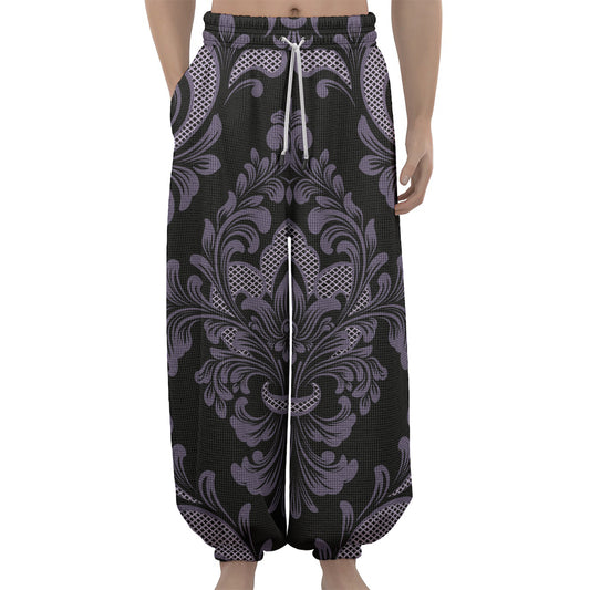 Black And Purple Damask Pattern Print Lantern Pants