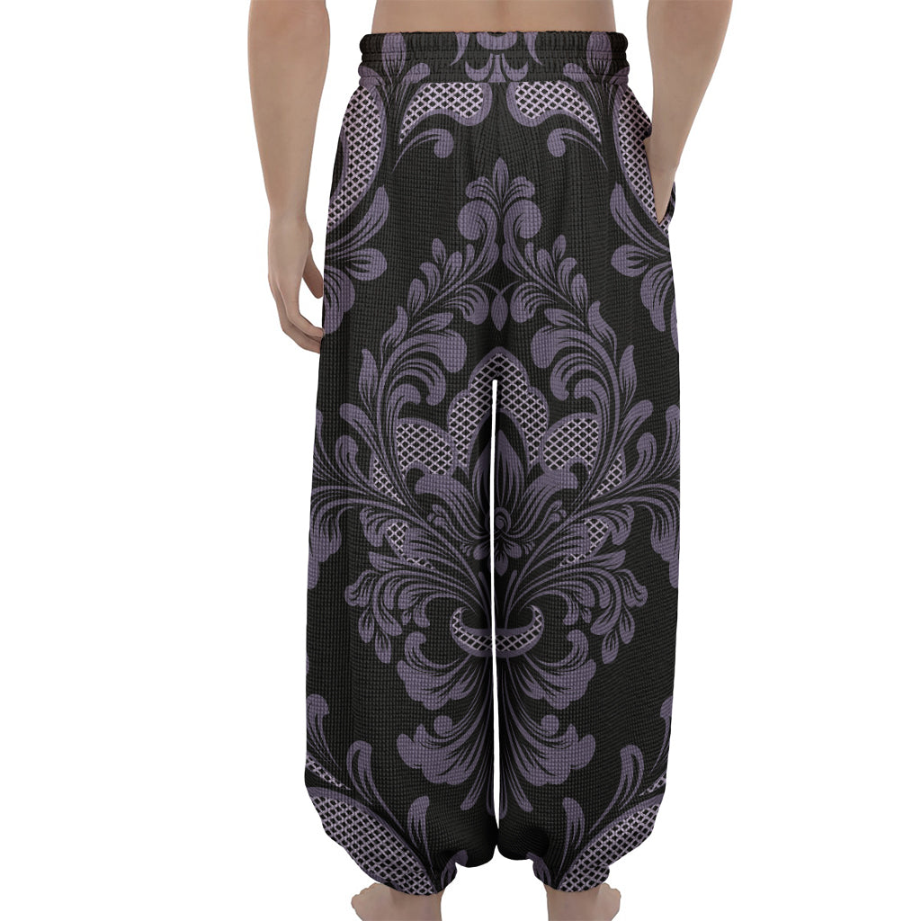 Black And Purple Damask Pattern Print Lantern Pants